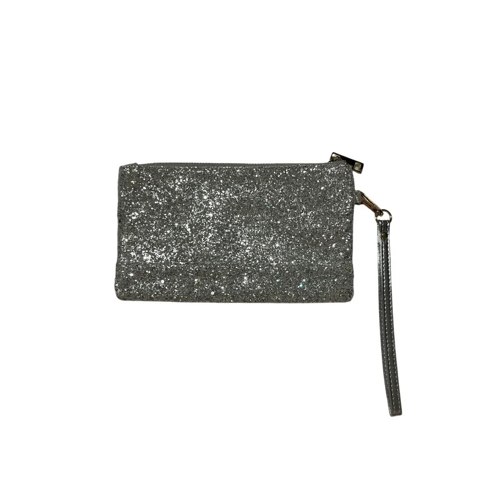 Lam Gallery Silver Glitter‎ Wristlet Clutch Evening Bag with Exterior Zip Pocket
